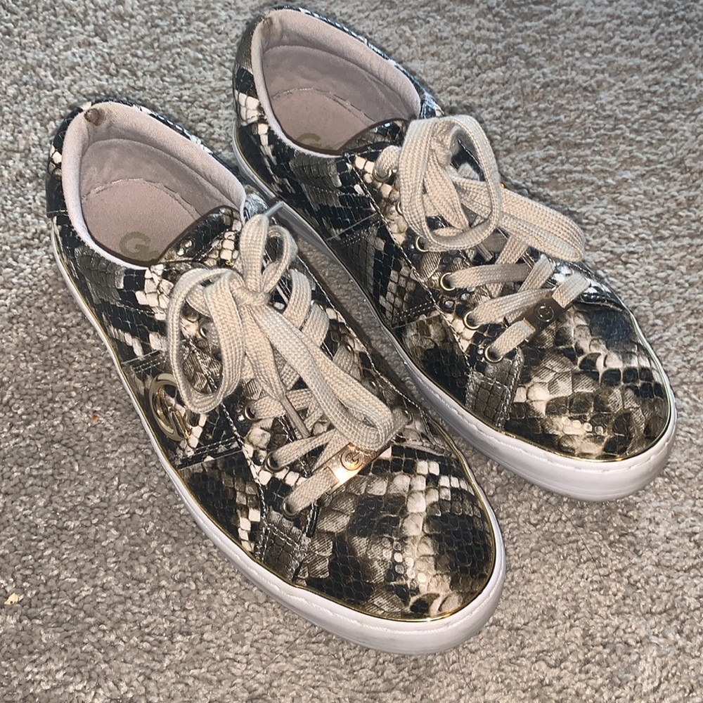 Guess GBG brown tan snake print gold logo sneakers size 9 - Picture 4 of 9